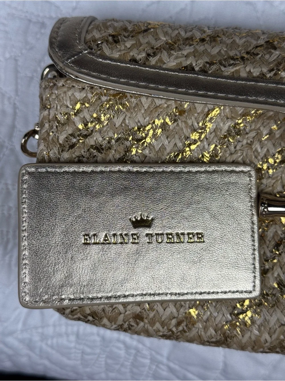 Elaine Turner Convertible Clutch Bag Woven Metallic Raffia Bamboo Accent